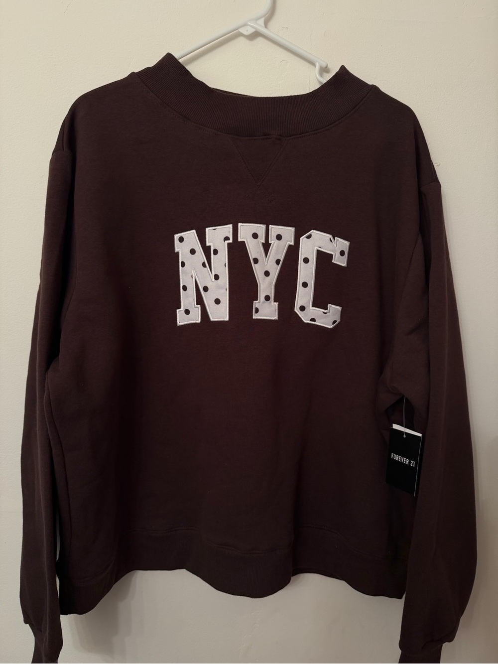 Forever 21 Women's NYC Polka Dot Sweater- Dark Brown with White Letters